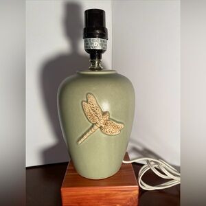 Celadon Green Ceramic Jar Lamp With Raised Dragonfly Cottagecore Whimsical 10.5”